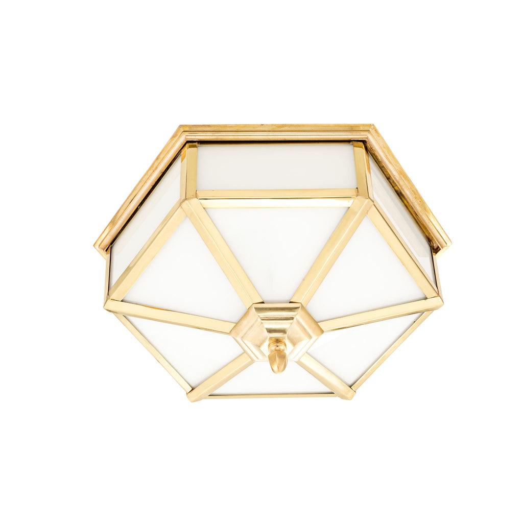 Art Deco ceiling light with geometric brass detailing and opal glass on a white background