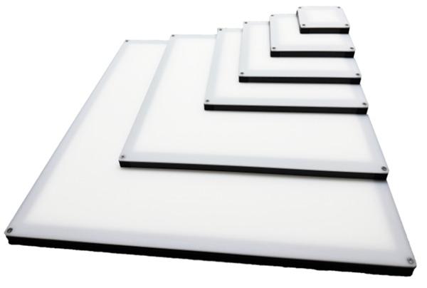 Laboratory lighting fixture family with size and configuration variations.