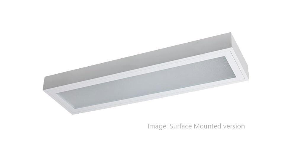 Front view of a surface-mounted laboratory lighting fixture.