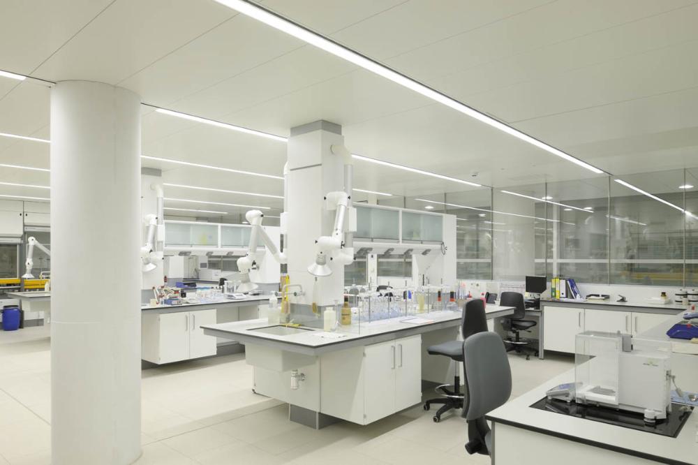 Surface-mounted laboratory lights installed in a contemporary healthcare laboratory environment.