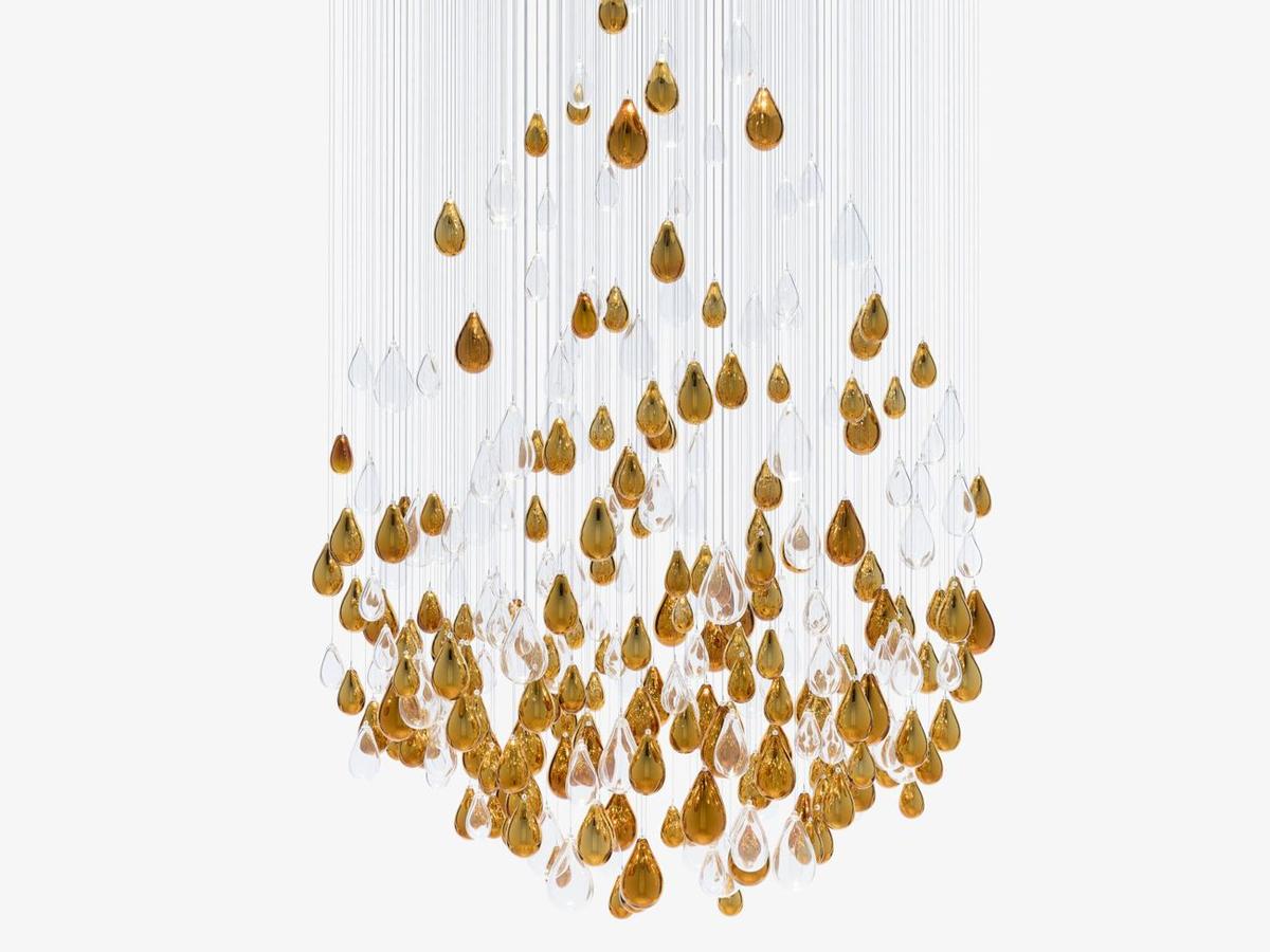 Front view of a large-scale architectural lobby chandelier.