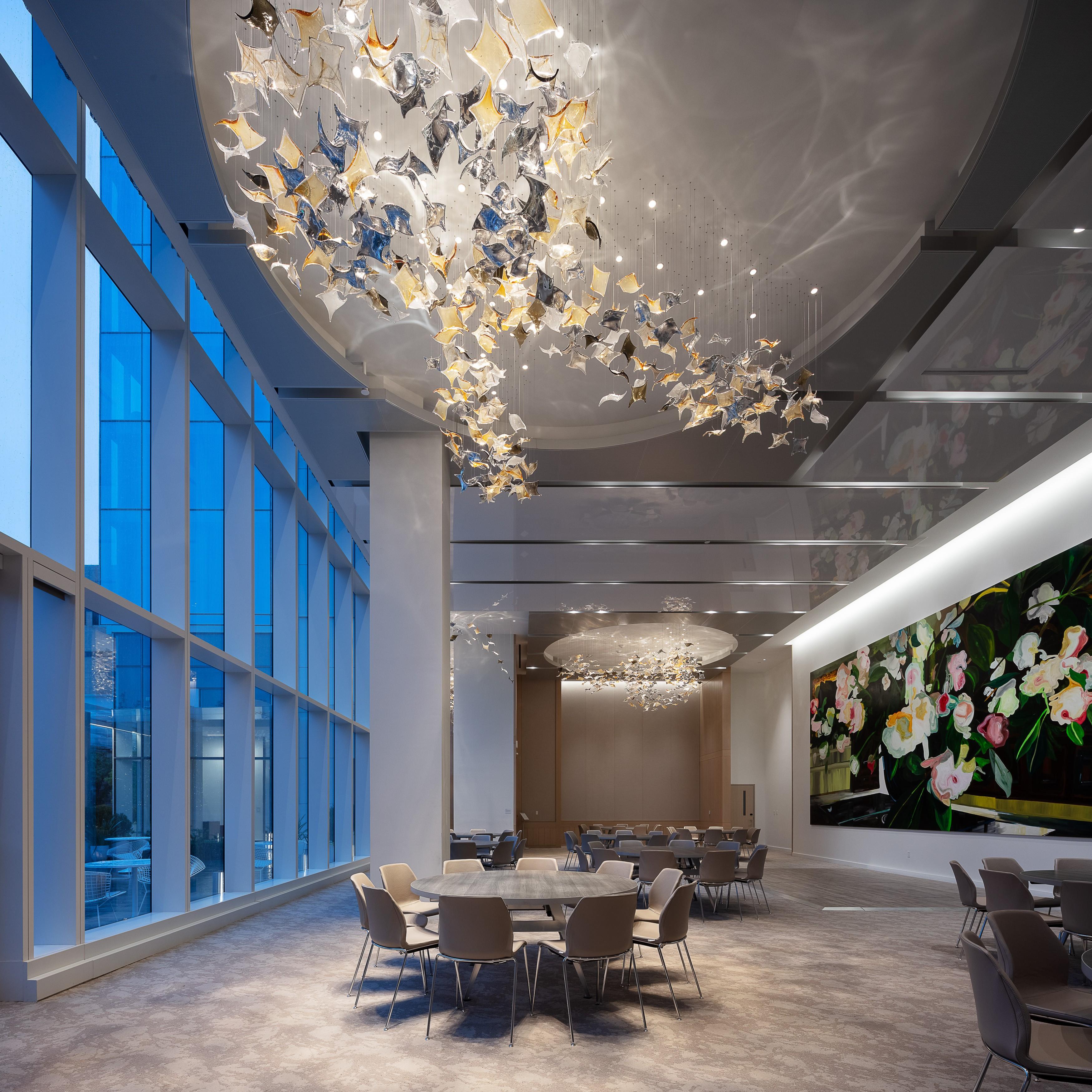 Signature lobby chandelier installed in a luxury hotel atrium.