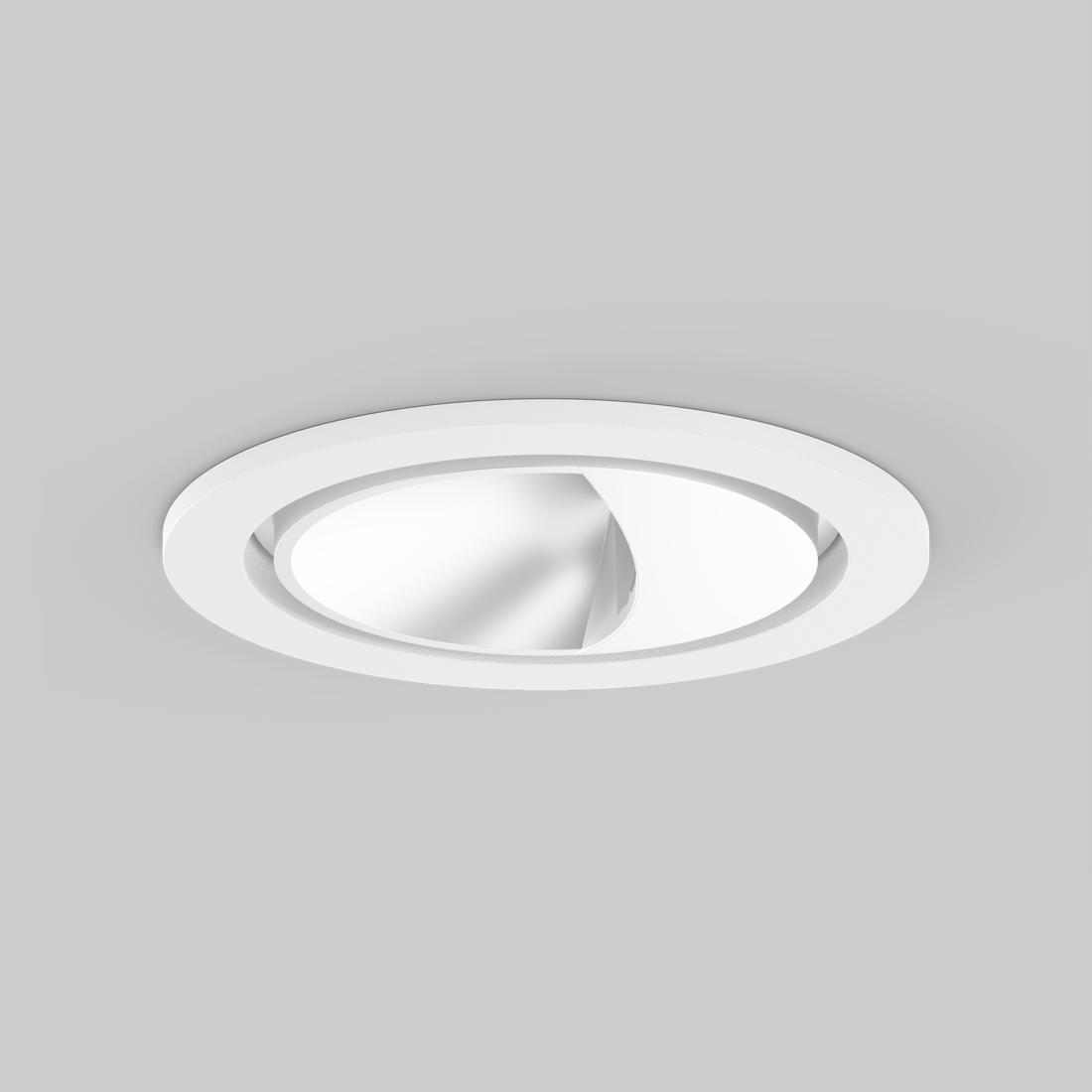 Front view of an asymmetric recessed downlight with an asymmetric optical system.