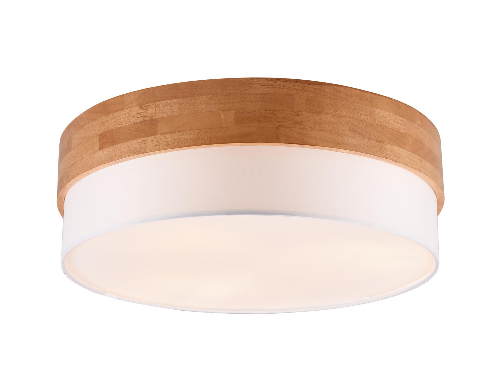 Scandinavian ceiling light with a light wood frame and white diffuser on a white background