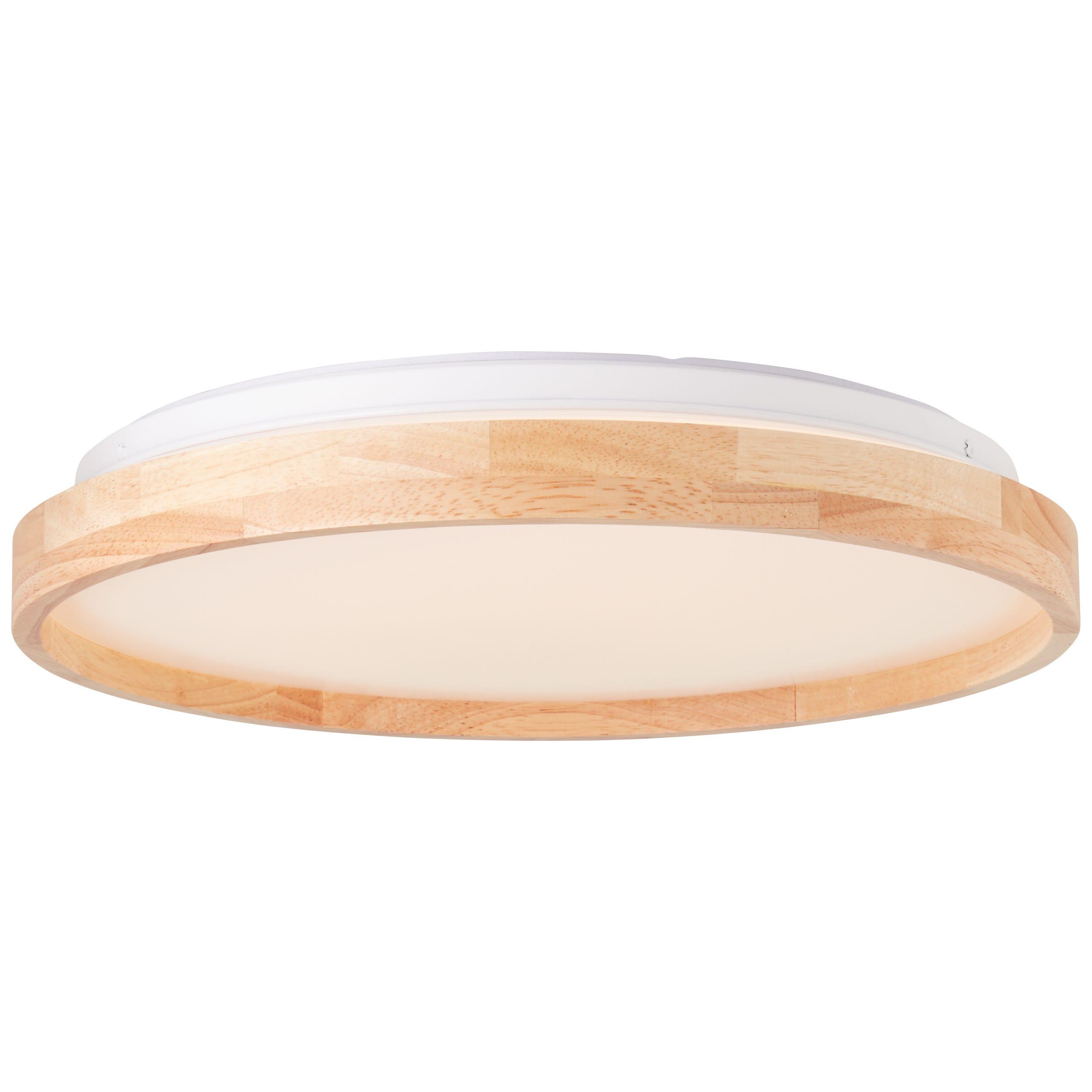 Scandinavian ceiling light with a light wood frame and white diffuser on a white background