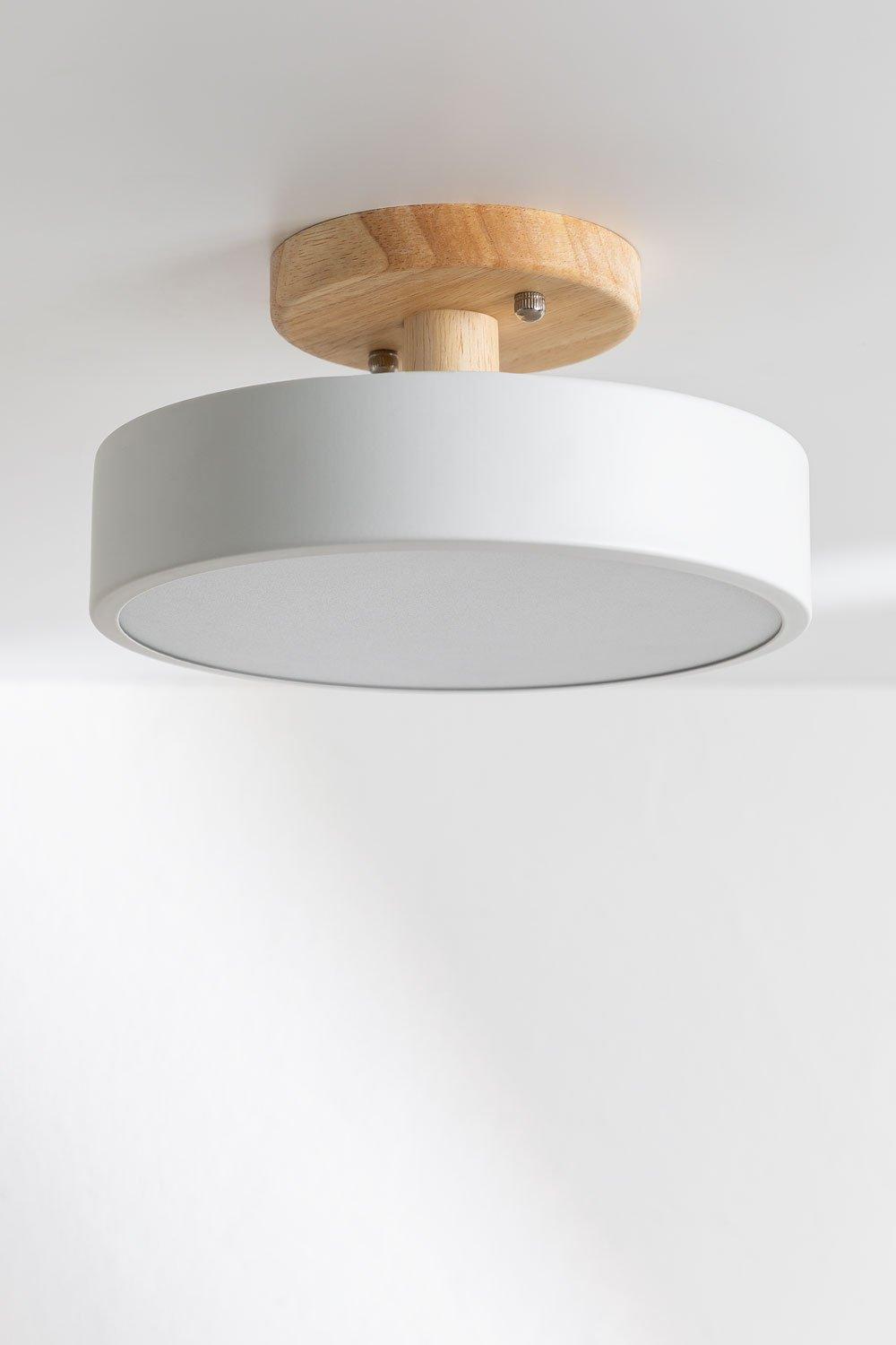 Scandinavian ceiling light with a light wood frame and white diffuser on a white background
