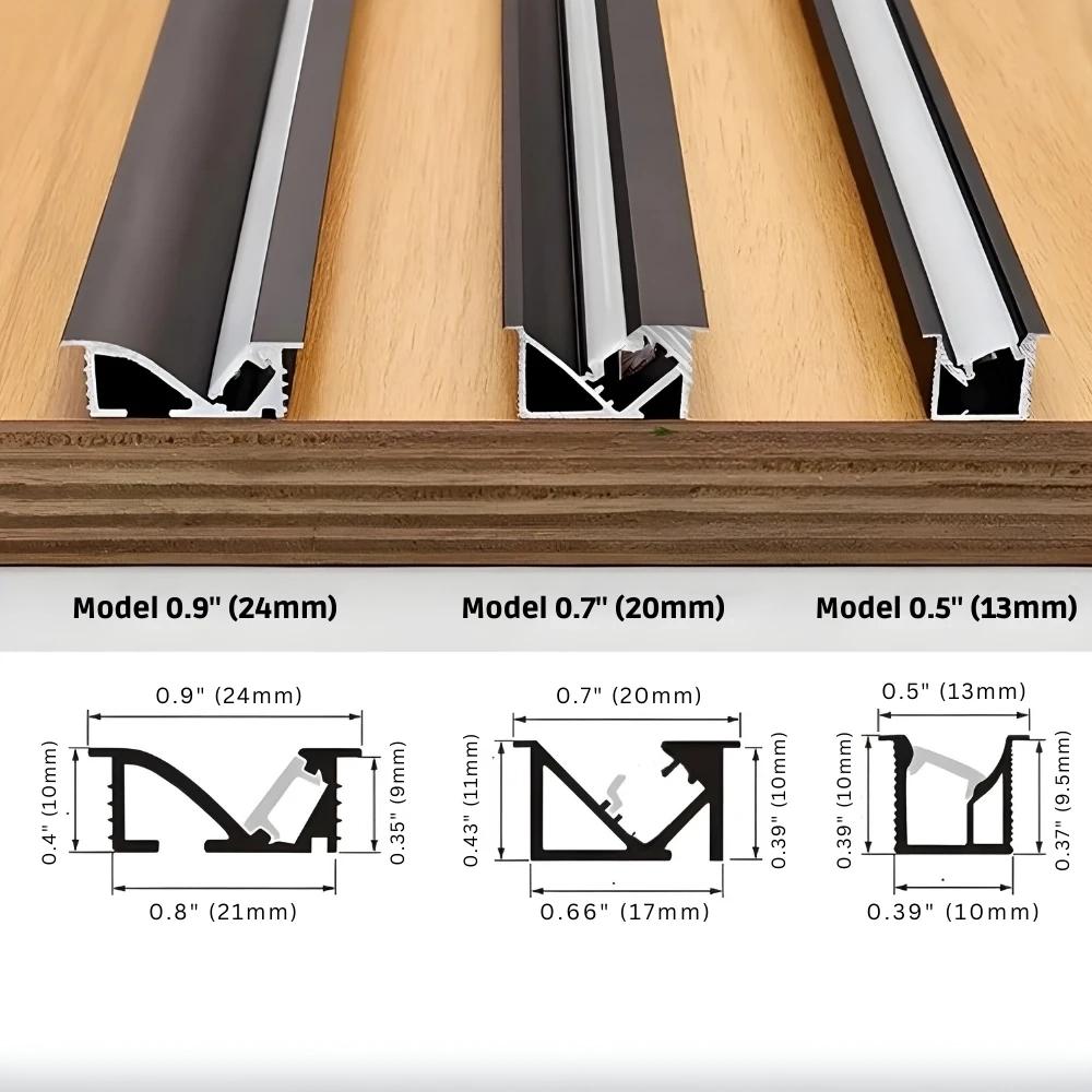 Shelf lighting profile family with multiple dimensions, diffuser options and finishes.