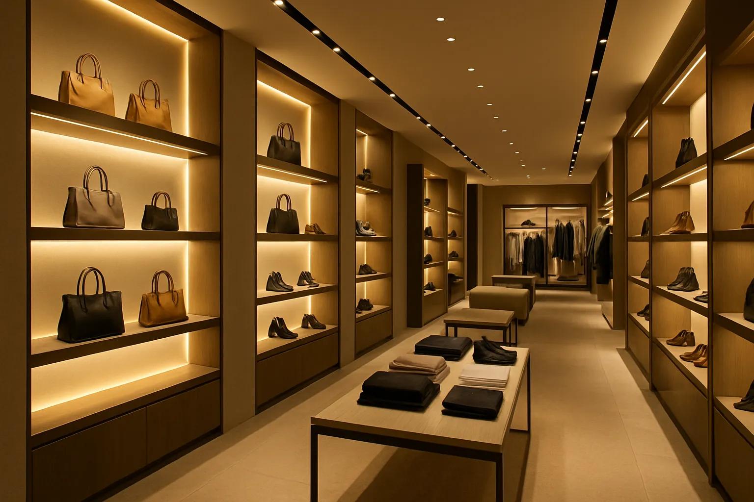Indirect LED shelf lighting integrated into a contemporary retail display and hospitality interior.
