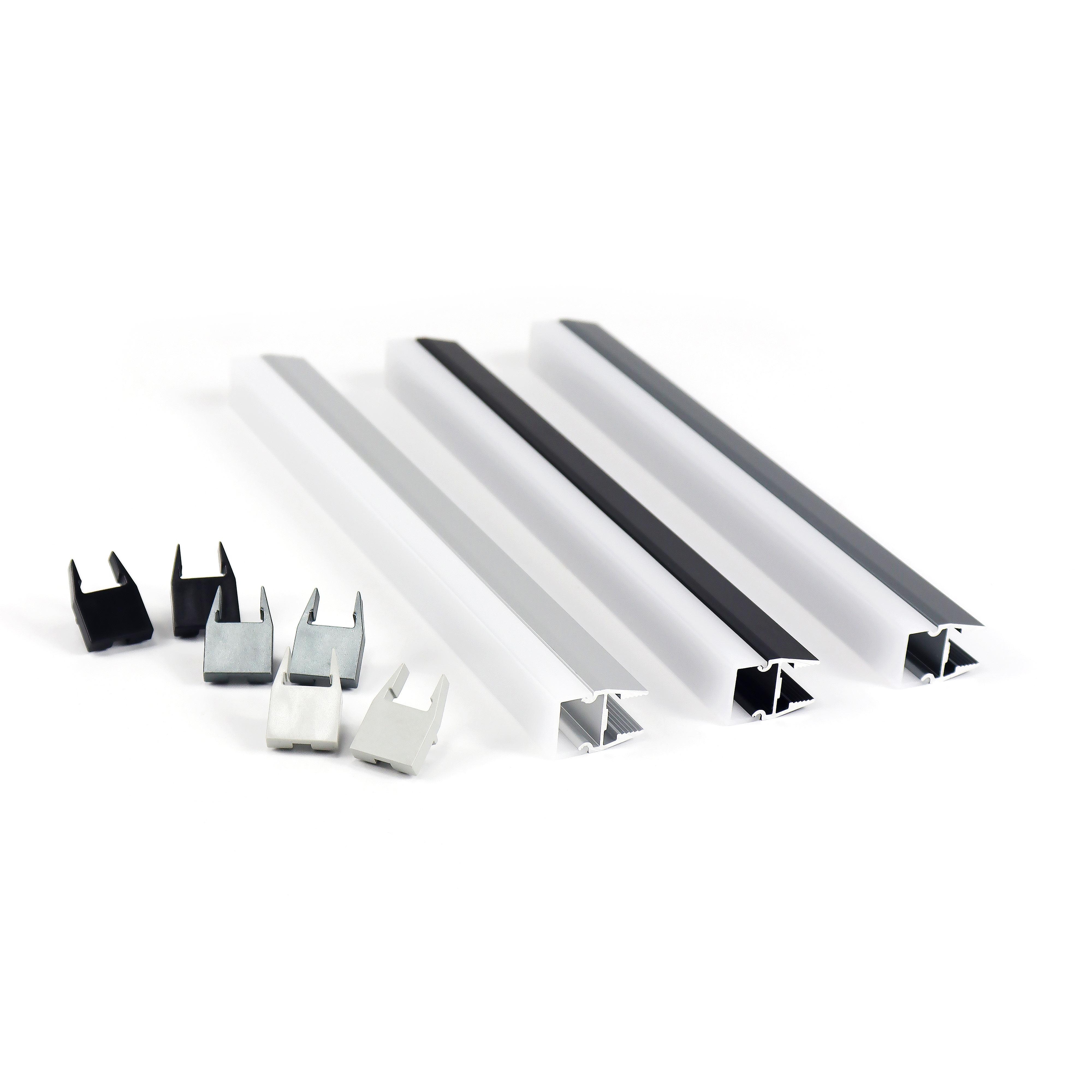 Shelf lighting profile family with multiple dimensions, diffuser options and finishes.