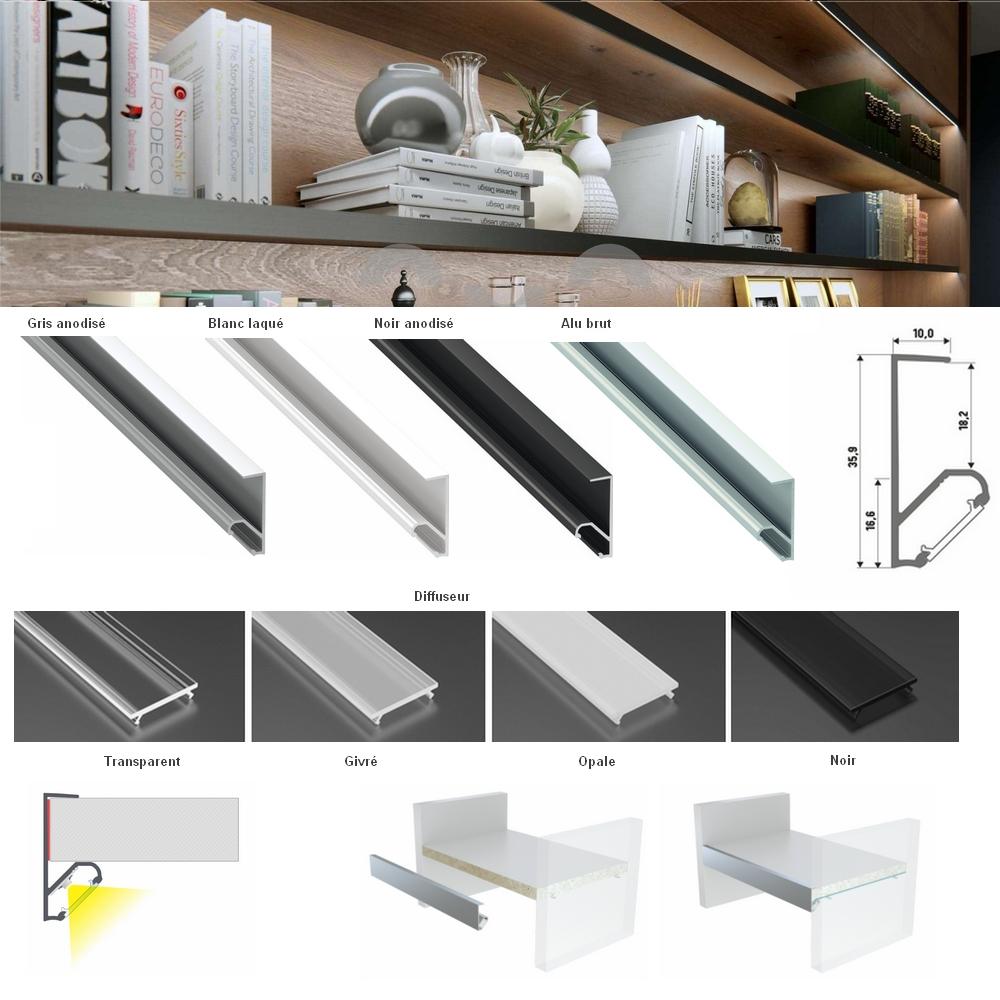 Shelf lighting profile family with multiple dimensions, diffuser options and finishes.