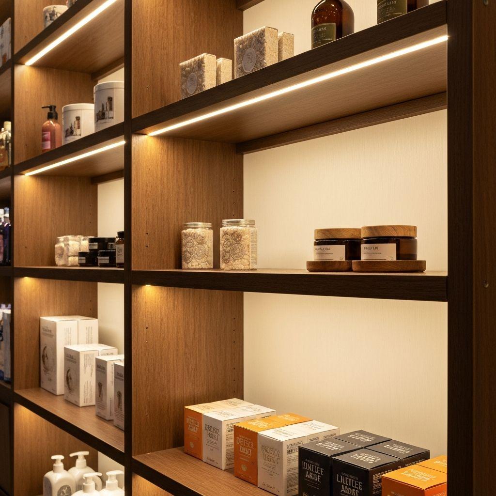 Indirect LED shelf lighting integrated into a contemporary retail display and hospitality interior.
