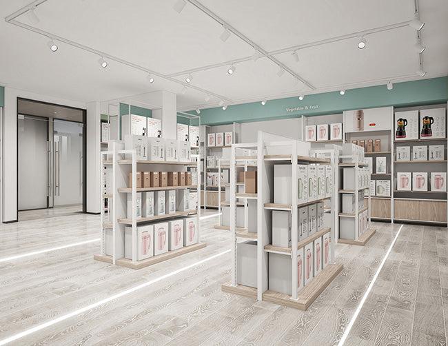 Floor LED profiles integrated into a contemporary retail showroom and public circulation area.