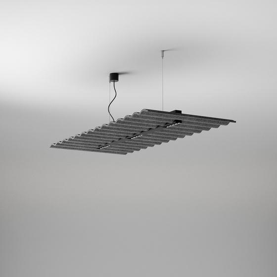 Suspended acoustic office lighting combining functional illumination with sound-absorbing elements for contemporary workplaces