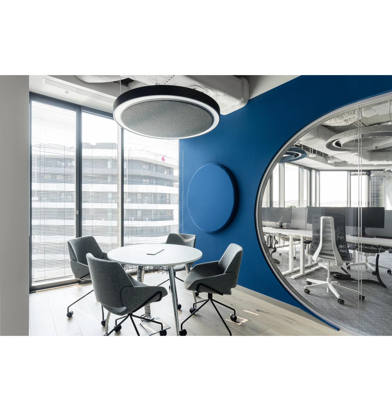 Suspended acoustic office lighting combining functional illumination with sound-absorbing elements for contemporary workplaces