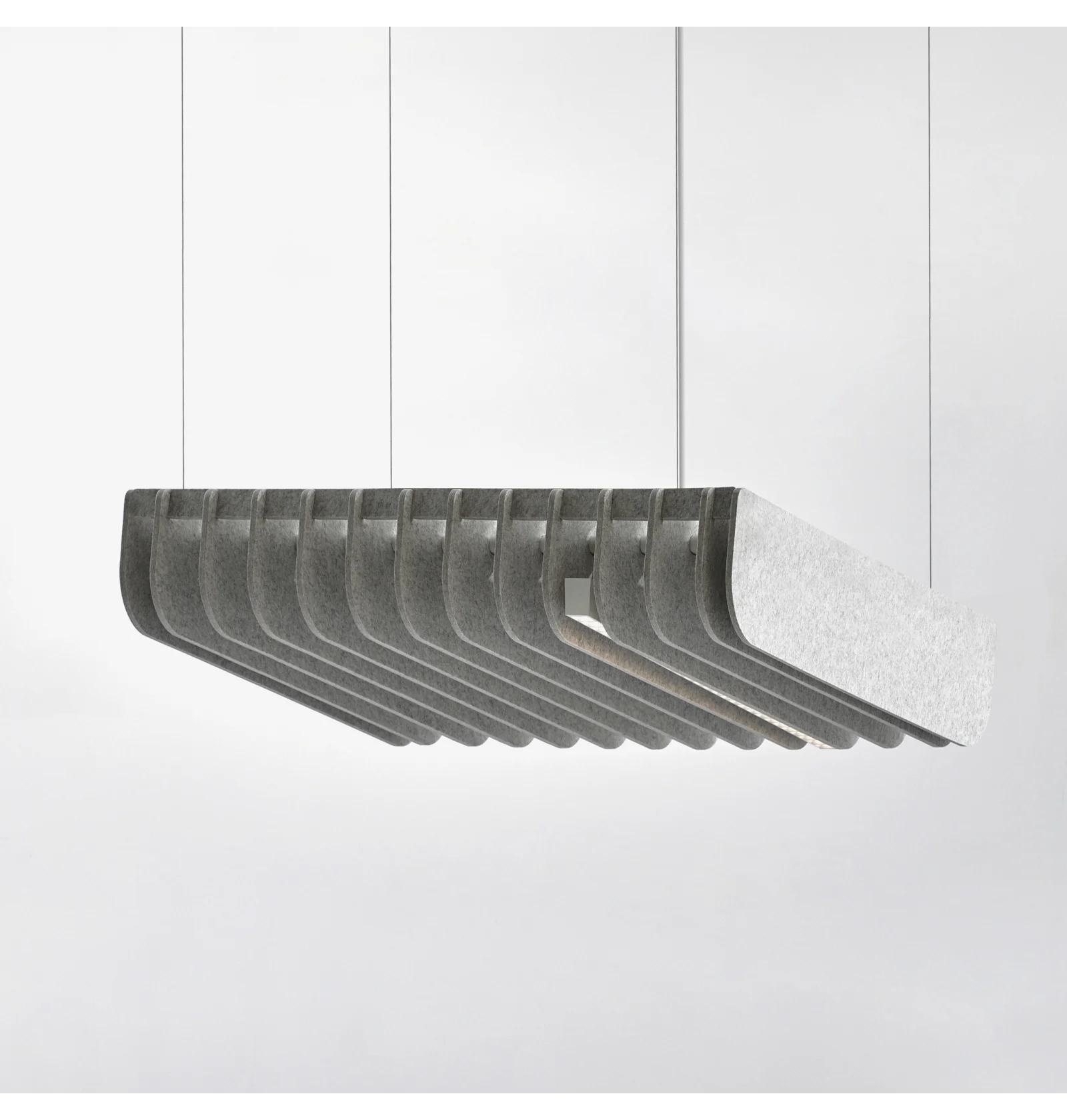 Suspended acoustic office lighting combining functional illumination with sound-absorbing elements for contemporary workplaces