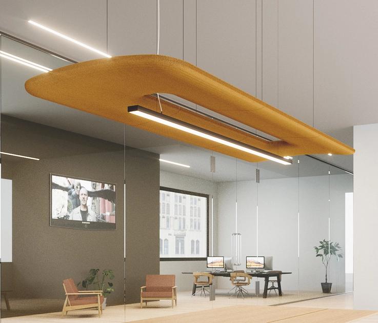 Suspended acoustic office lighting combining functional illumination with sound-absorbing elements for contemporary workplaces