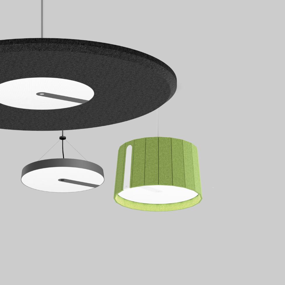 Suspended acoustic office lighting combining functional illumination with sound-absorbing elements for contemporary workplaces