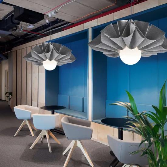 Suspended acoustic office lighting combining functional illumination with sound-absorbing elements for contemporary workplaces