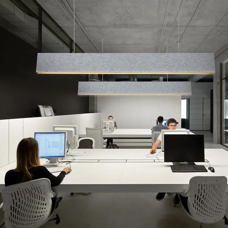 Suspended acoustic office lighting combining functional illumination with sound-absorbing elements for contemporary workplaces