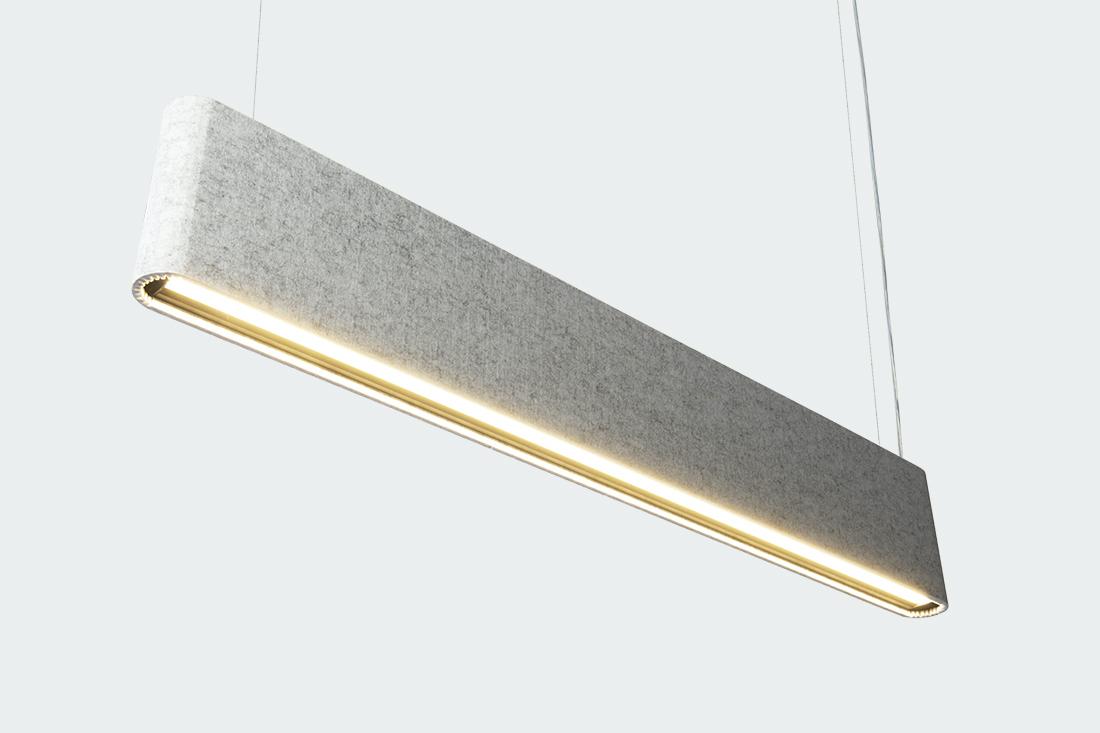 Suspended acoustic office lighting combining functional illumination with sound-absorbing elements for contemporary workplaces