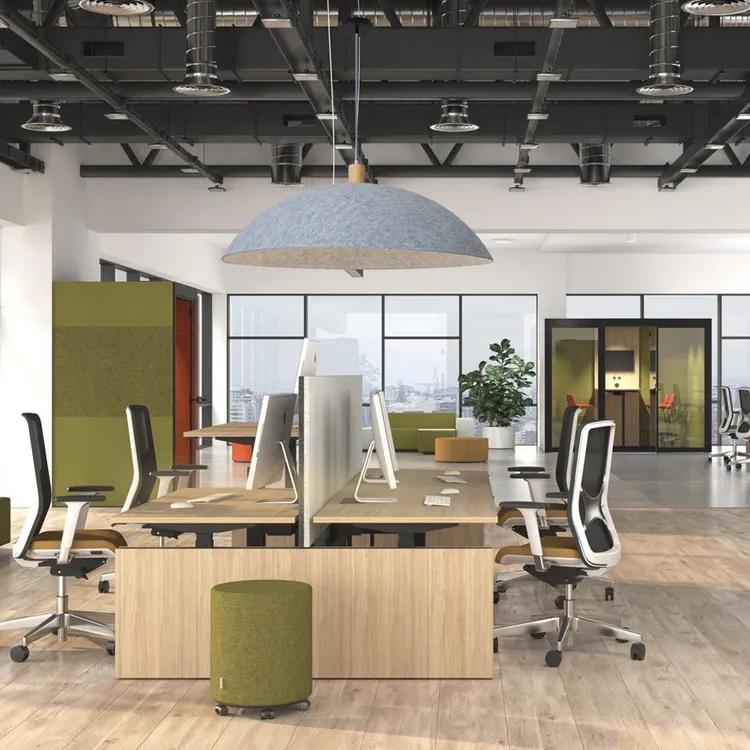 Suspended acoustic office lighting combining functional illumination with sound-absorbing elements for contemporary workplaces