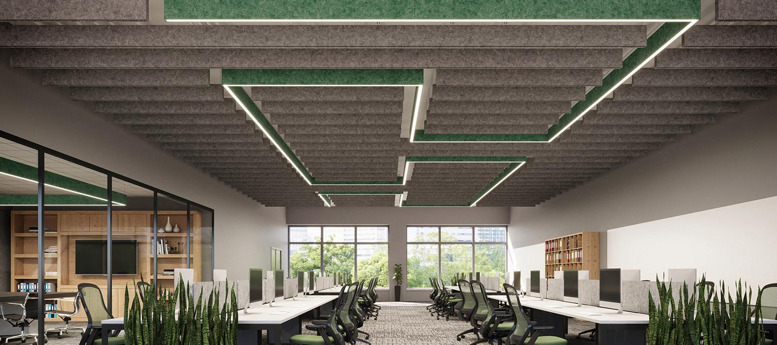 Suspended acoustic office lighting combining functional illumination with sound-absorbing elements for contemporary workplaces