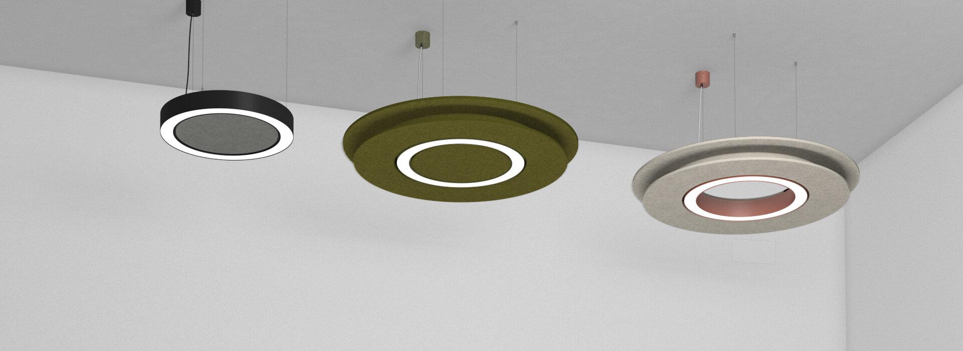 Suspended acoustic office lighting combining functional illumination with sound-absorbing elements for contemporary workplaces