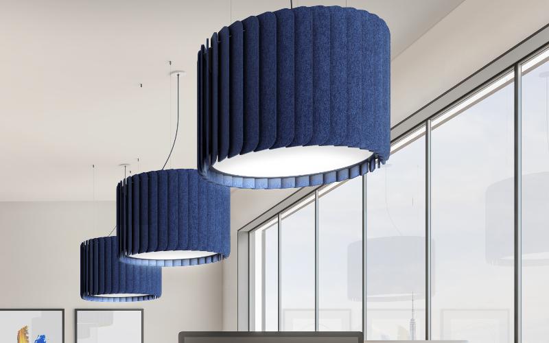 Suspended acoustic office lighting combining functional illumination with sound-absorbing elements for contemporary workplaces