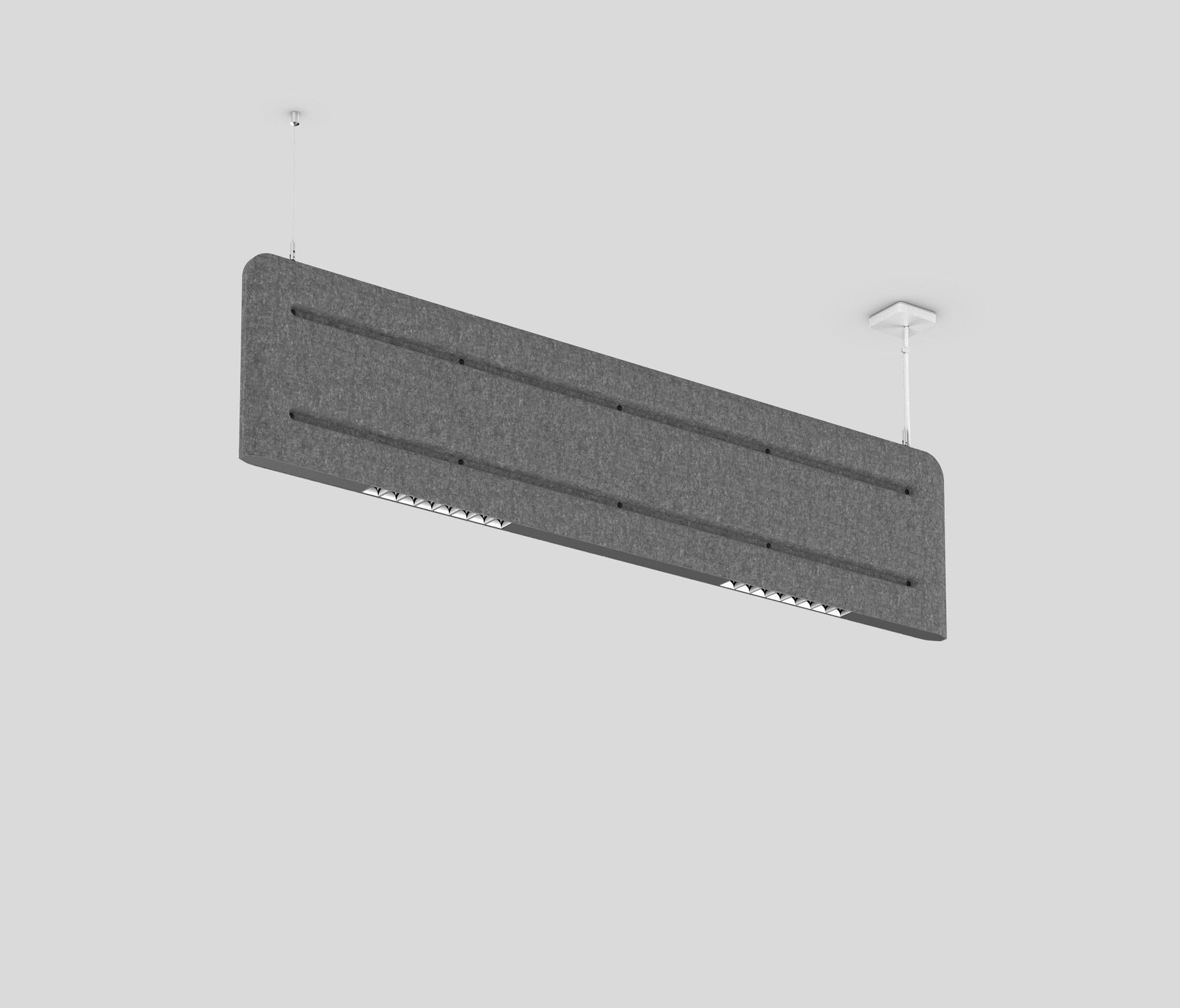 Suspended acoustic office lighting combining functional illumination with sound-absorbing elements for contemporary workplaces