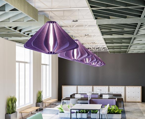 Suspended acoustic office lighting combining functional illumination with sound-absorbing elements for contemporary workplaces