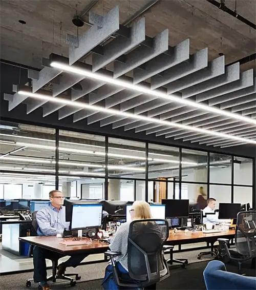 Suspended acoustic office lighting combining functional illumination with sound-absorbing elements for contemporary workplaces
