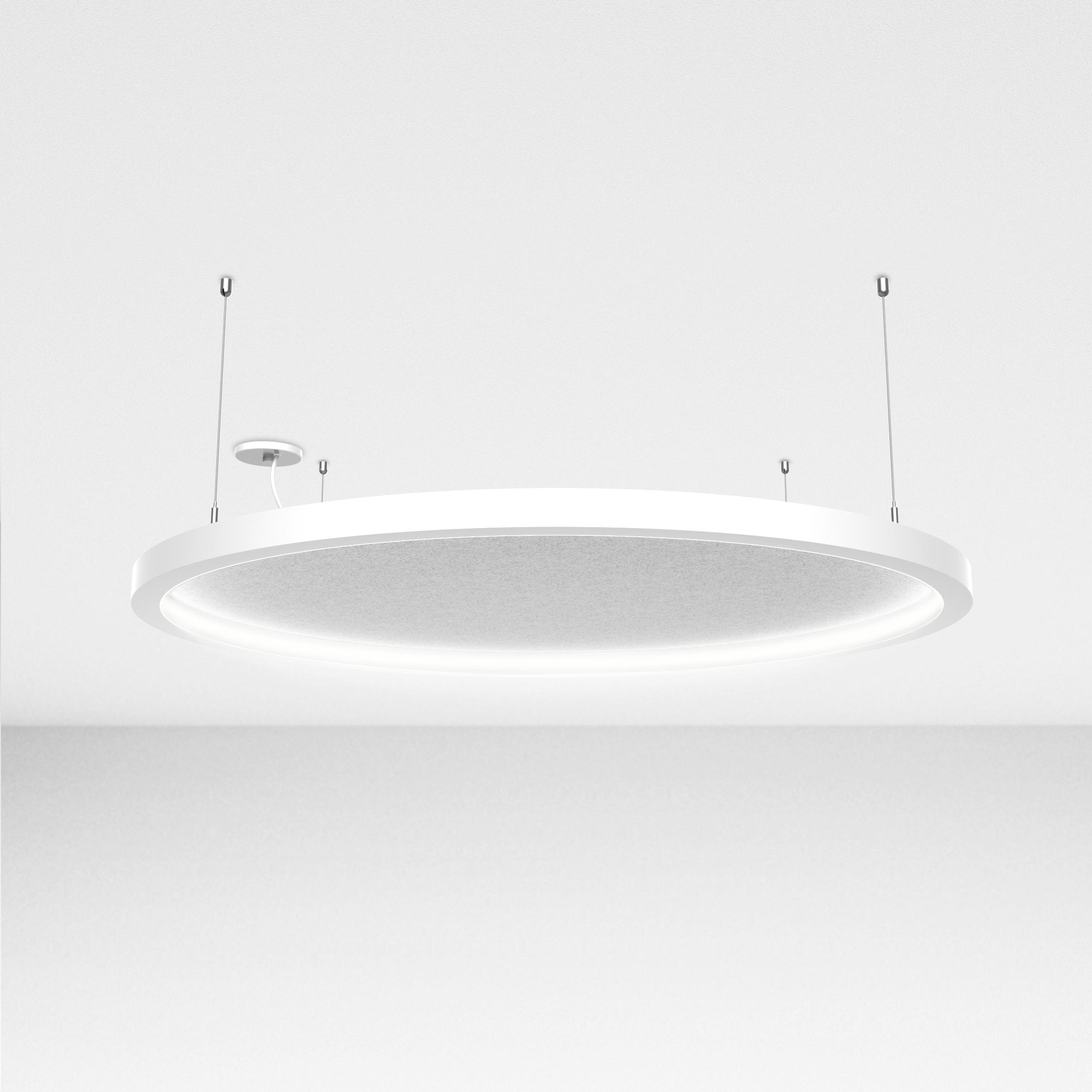 Suspended acoustic office lighting combining functional illumination with sound-absorbing elements for contemporary workplaces