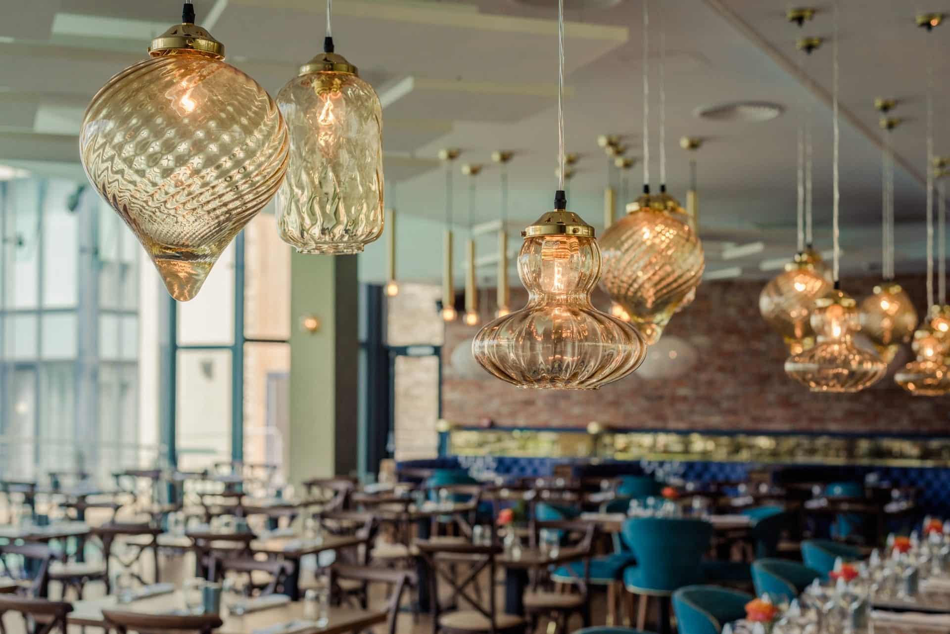 Glass pendant lighting installed in a premium hospitality interior.