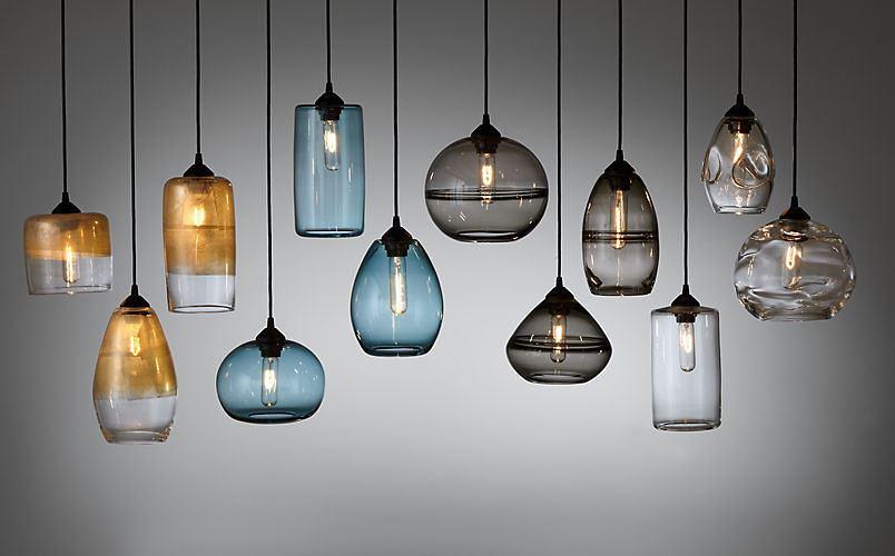 Glass pendant lighting family featuring multiple shapes and sizes.