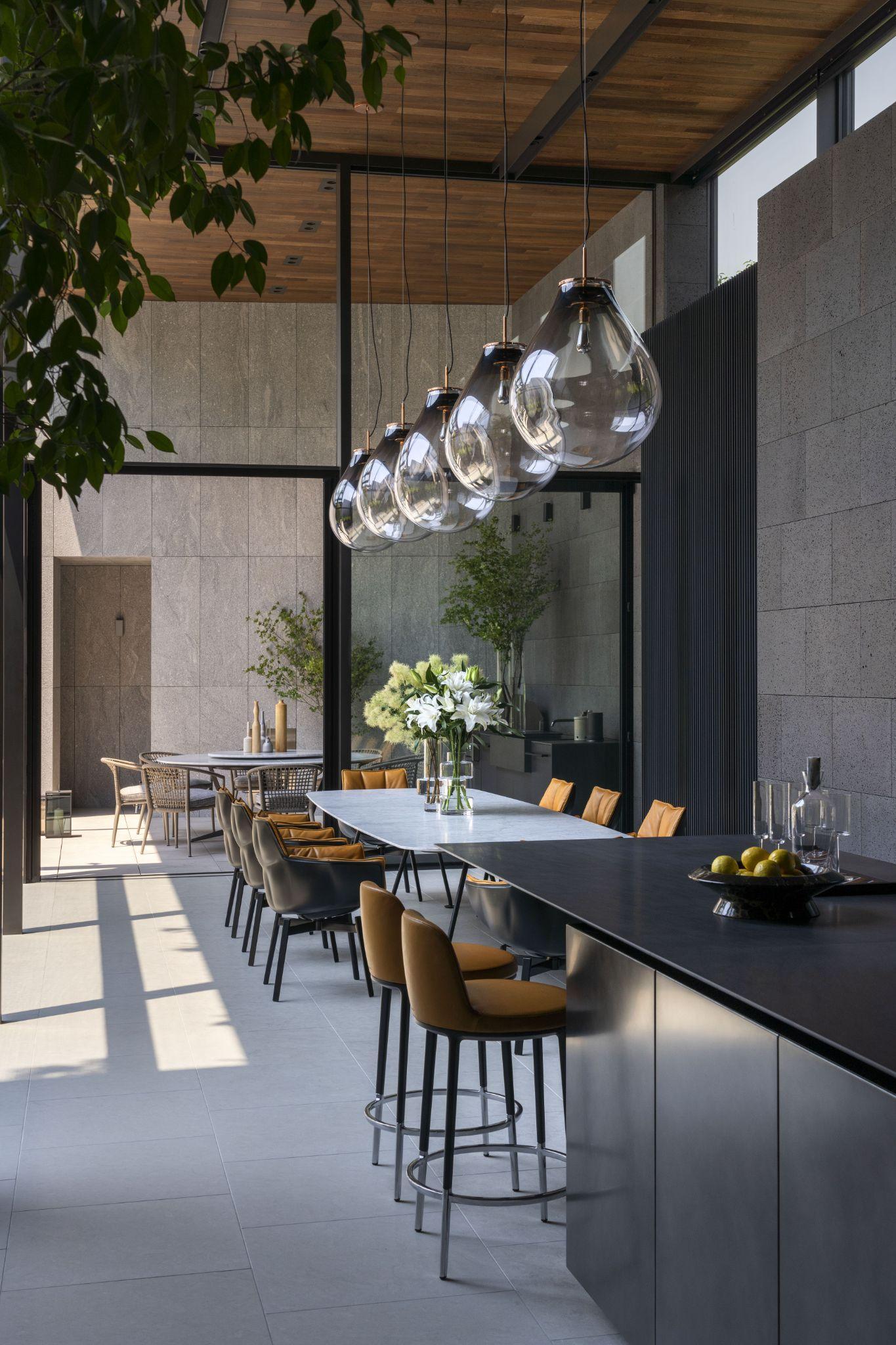 Glass pendant lighting installed in a premium hospitality interior.