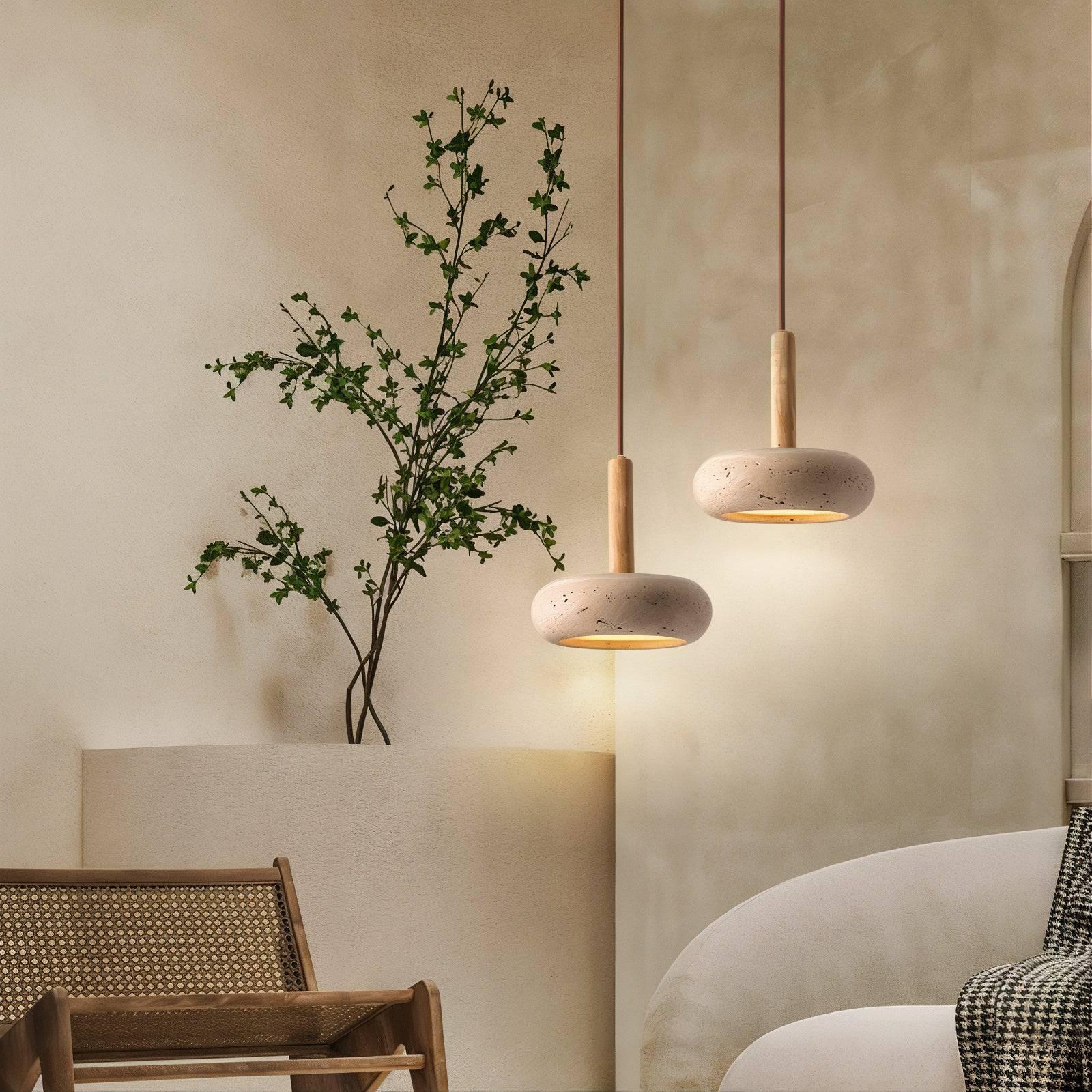 Stone pendant lighting installed in a premium hospitality interior.
