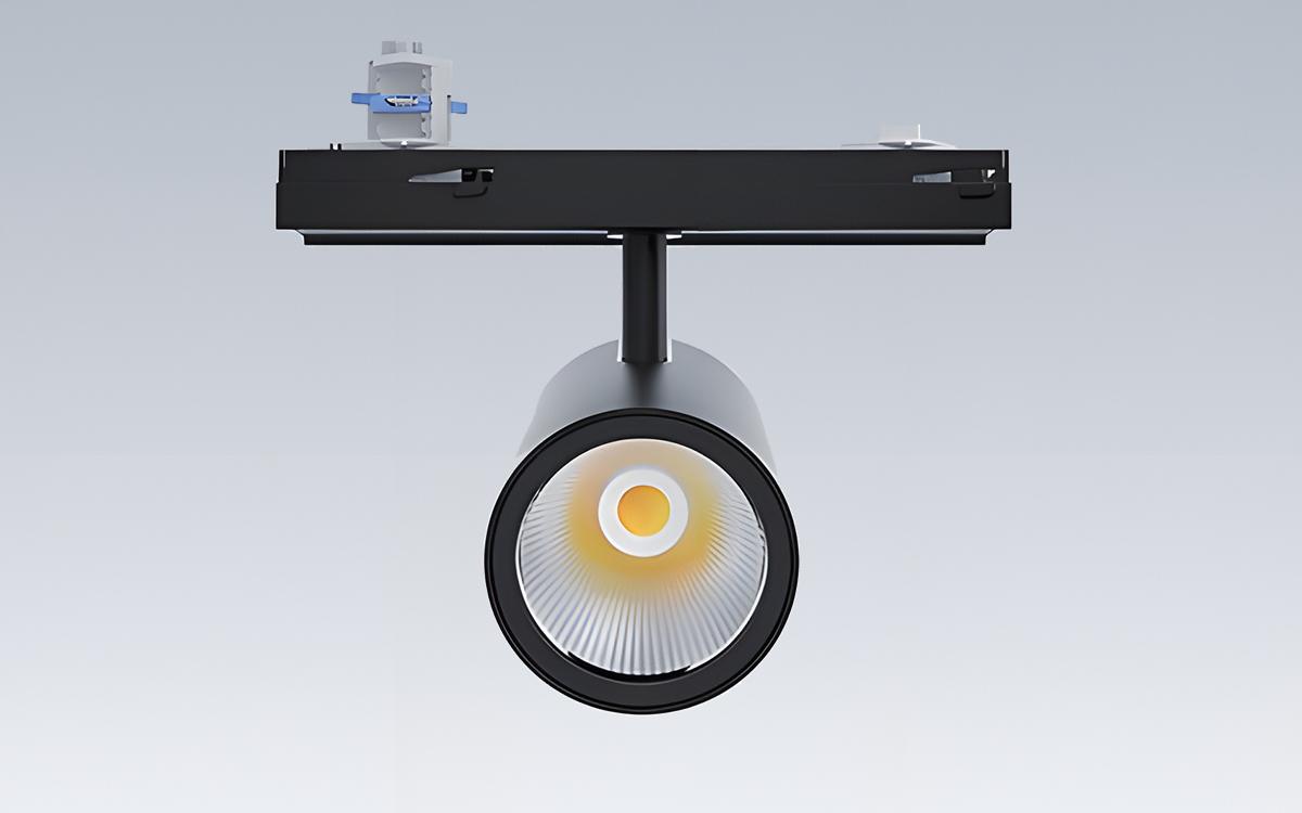Front view of an architectural LED track spotlight.