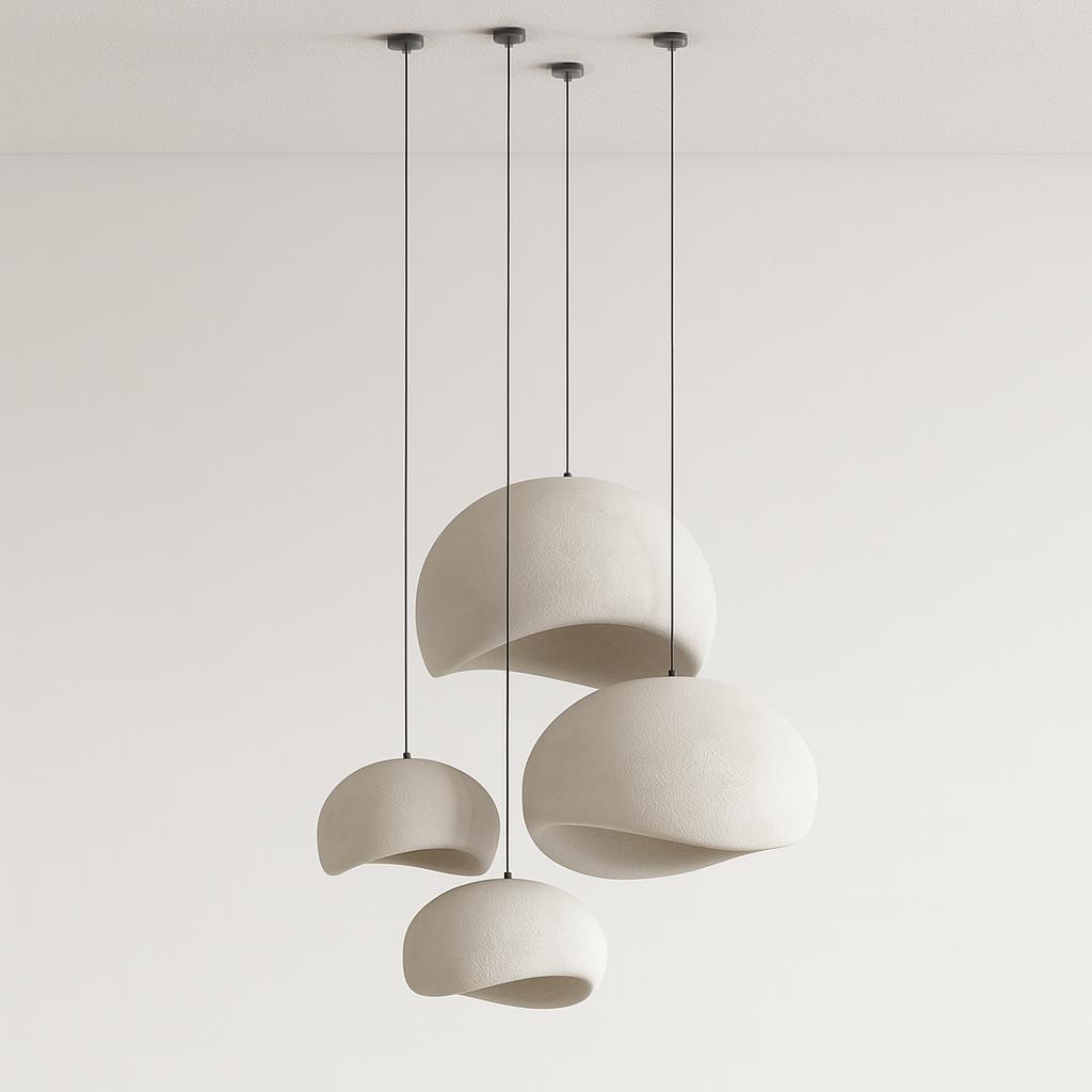 Organic pendant lighting family featuring multiple sizes and design variations.