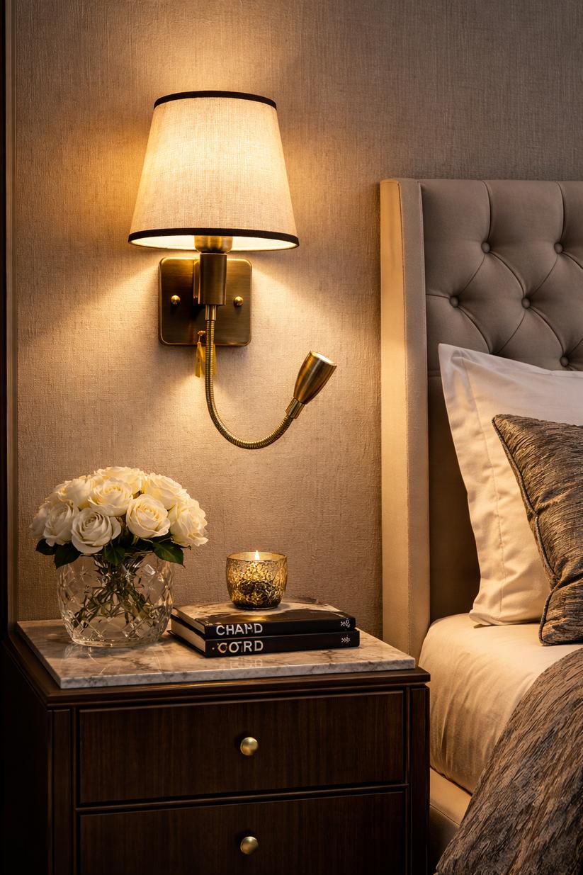 Reading wall lamp installed beside a luxury hotel bed providing comfortable task illumination.