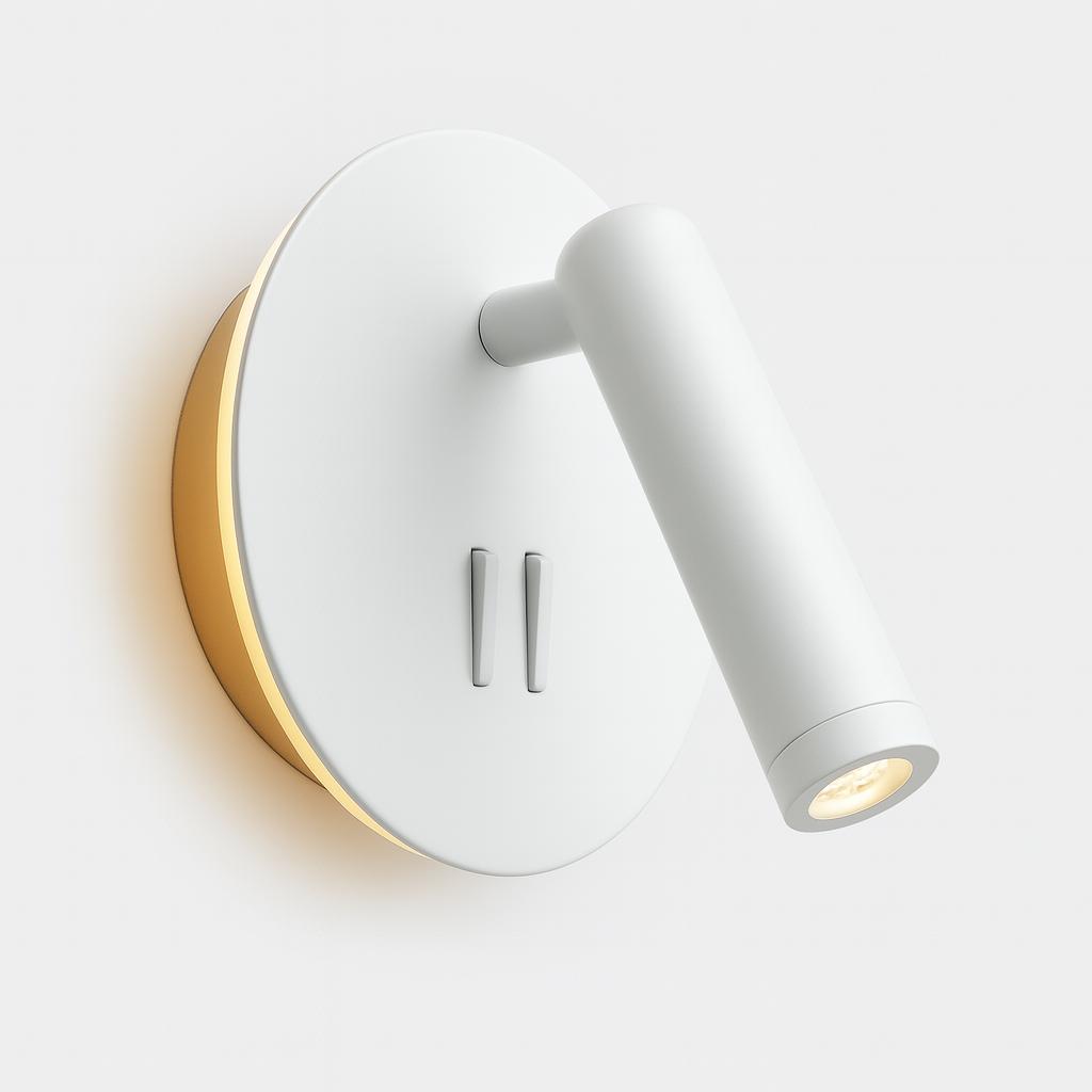 Front view of a reading wall lamp with integrated directional lighting and premium finish.