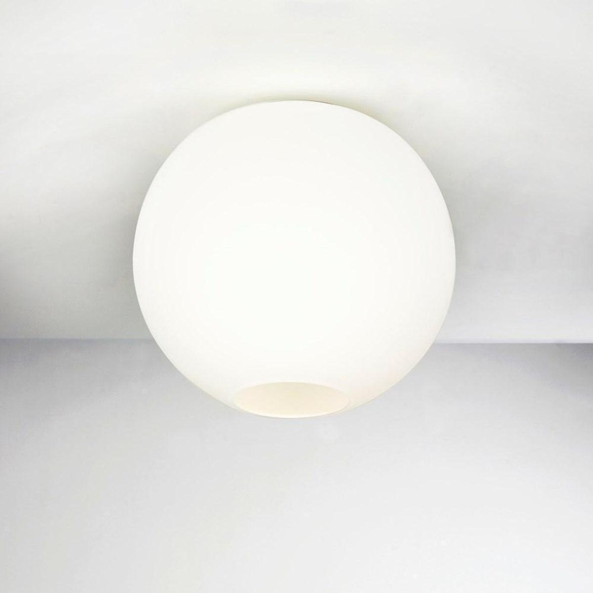 Front view of a white opal glass globe ceiling light