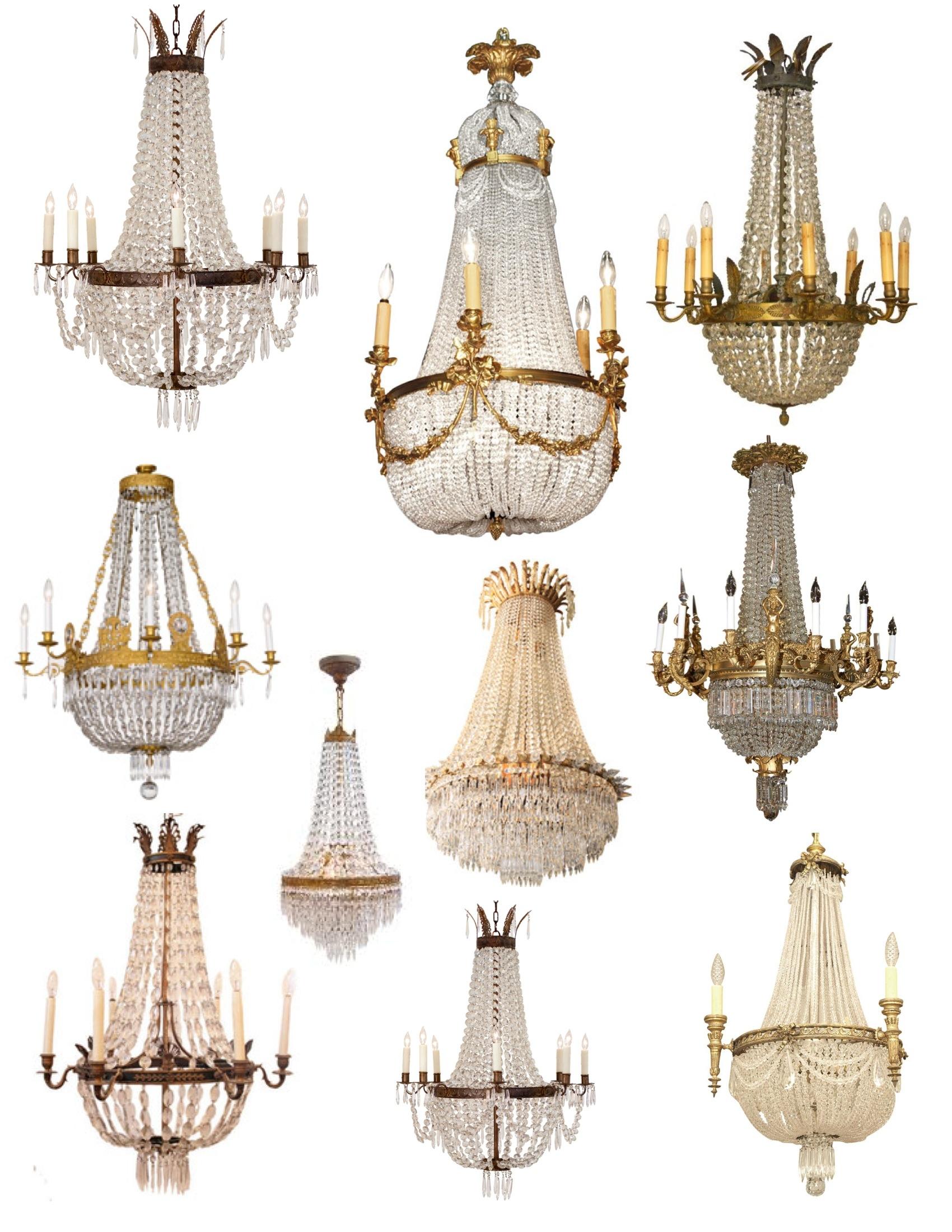 Classic chandelier family featuring multiple sizes and traditional configurations.