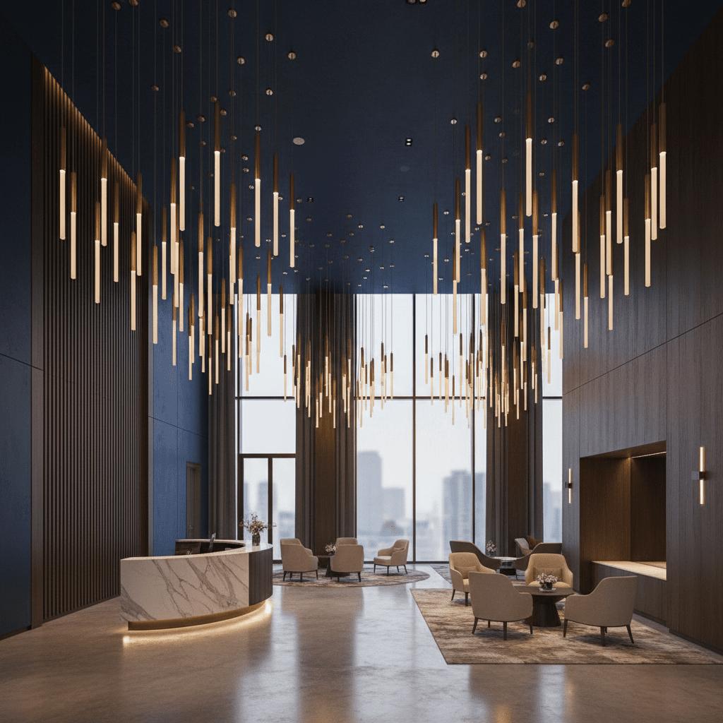 Contemporary pendant lights installed in a modern hospitality interior.