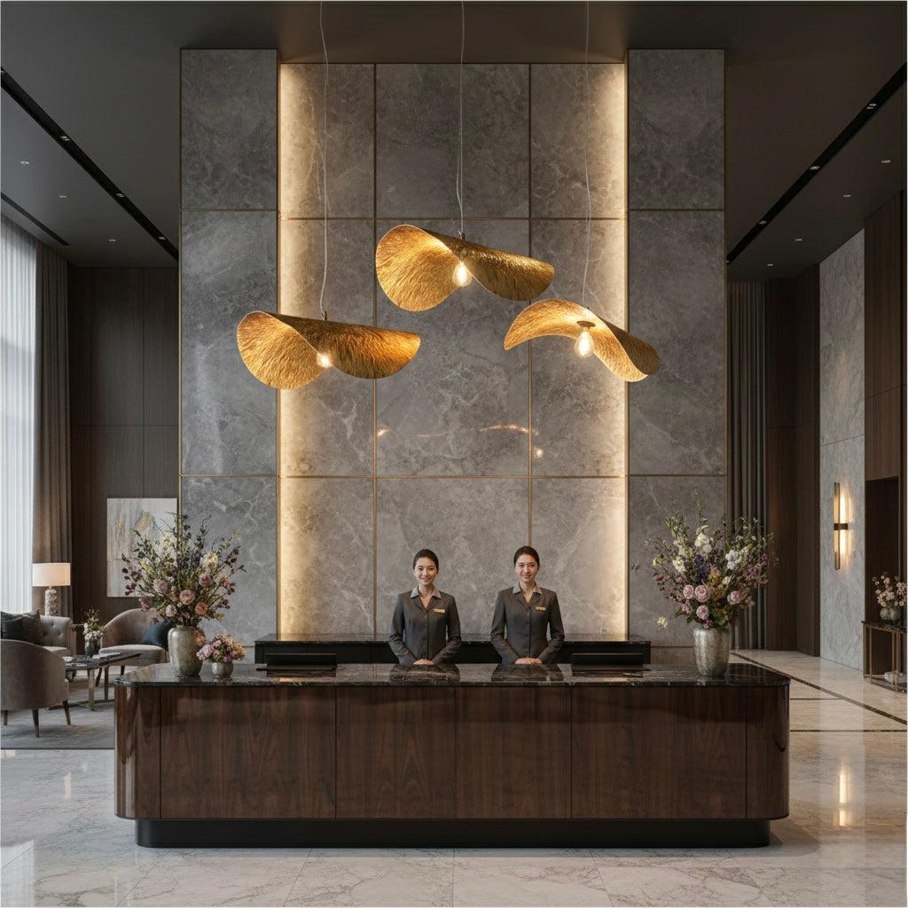 Contemporary pendant lights installed in a modern hospitality interior.