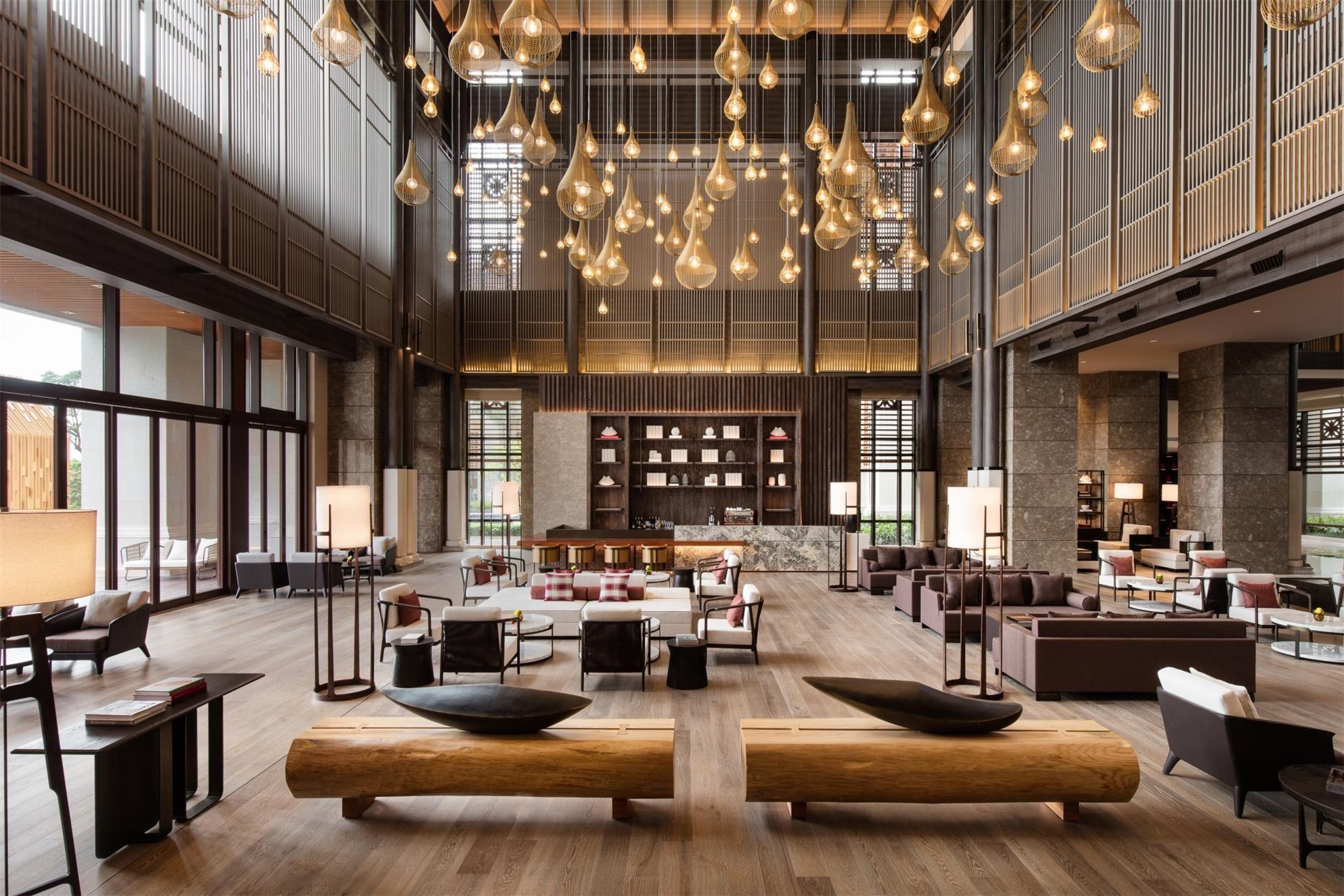 Contemporary pendant lights installed in a modern hospitality interior.
