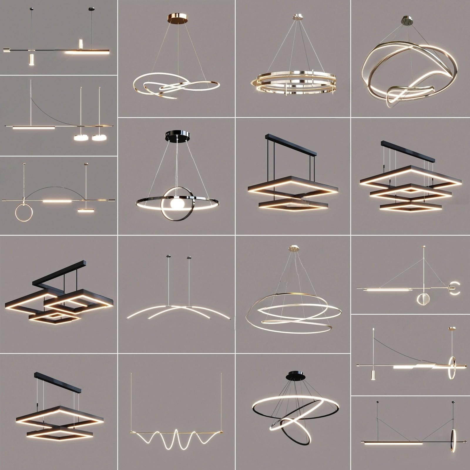 Minimal chandelier family featuring multiple sizes and linear configurations.