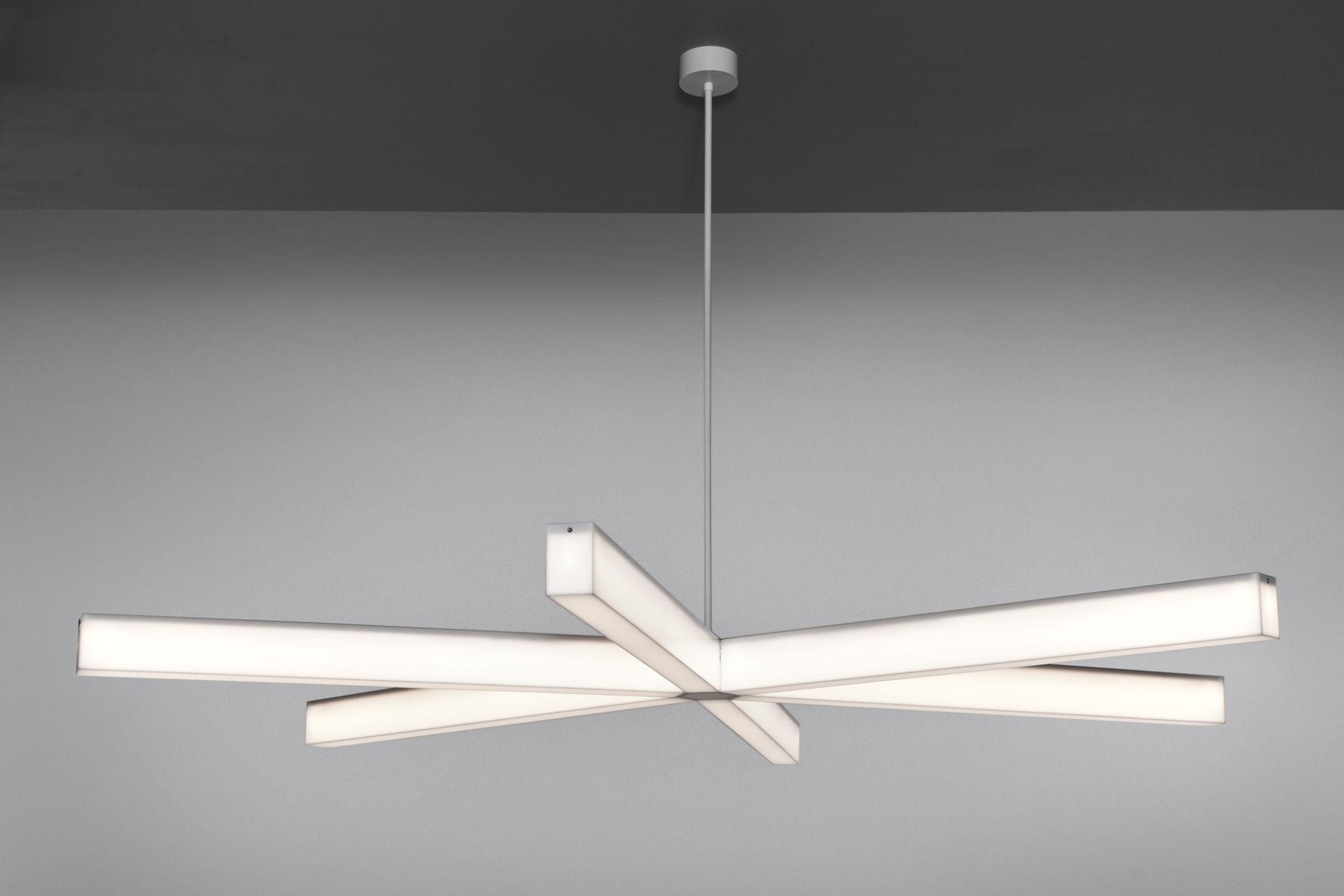 Front view of a minimalist chandelier with slim geometric lines.