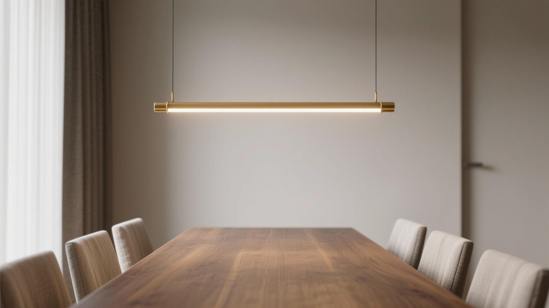 Minimal chandelier installed above a contemporary dining area in a premium architectural interior.