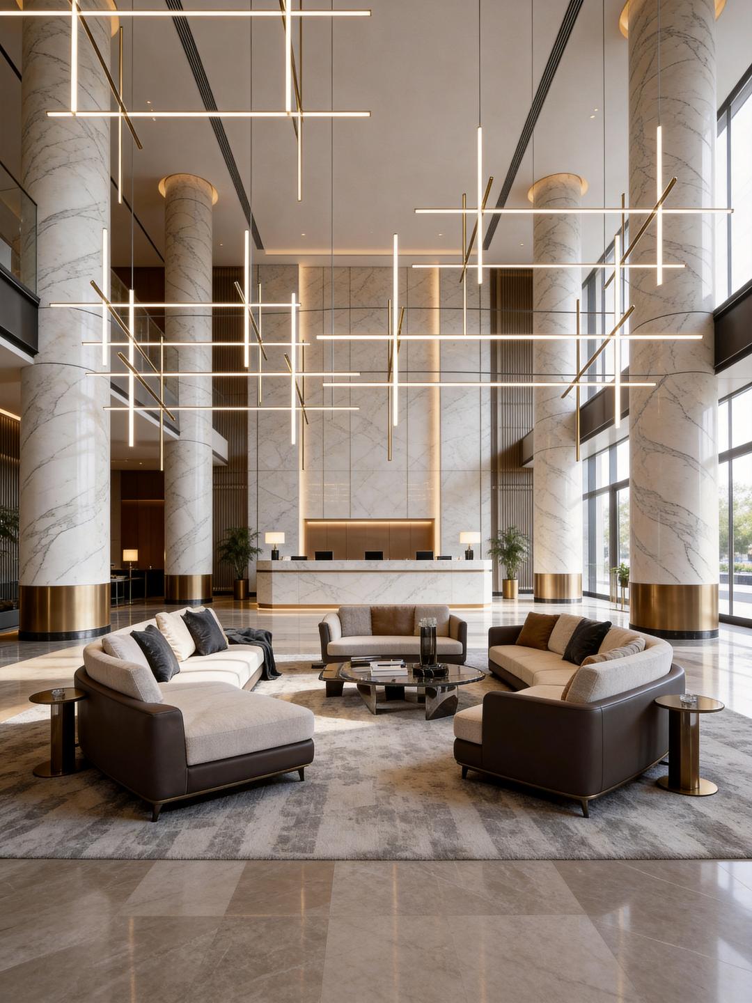 Minimal chandelier installed above a contemporary dining area in a premium architectural interior.