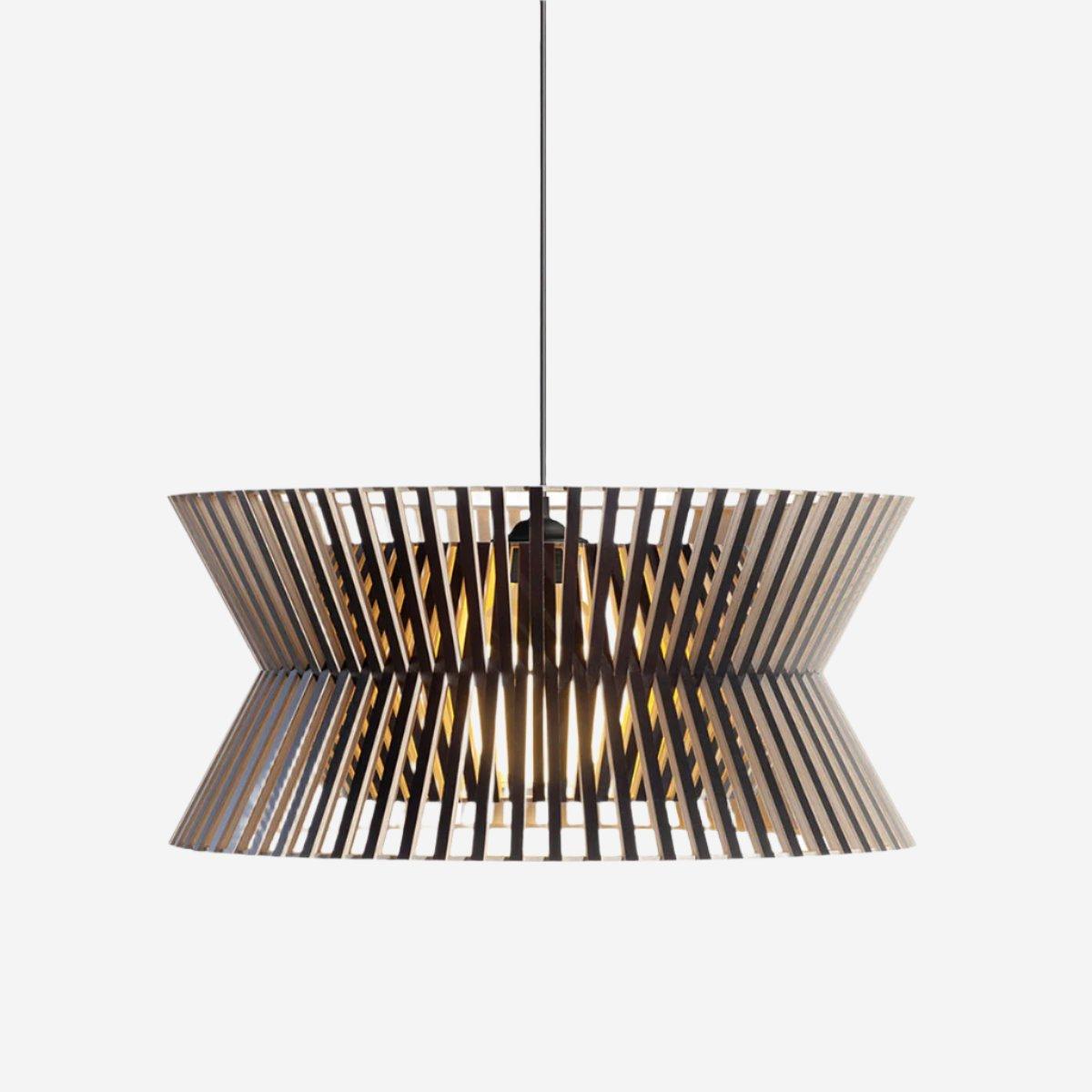 Front view of a decorative wooden pendant light for architectural interiors.